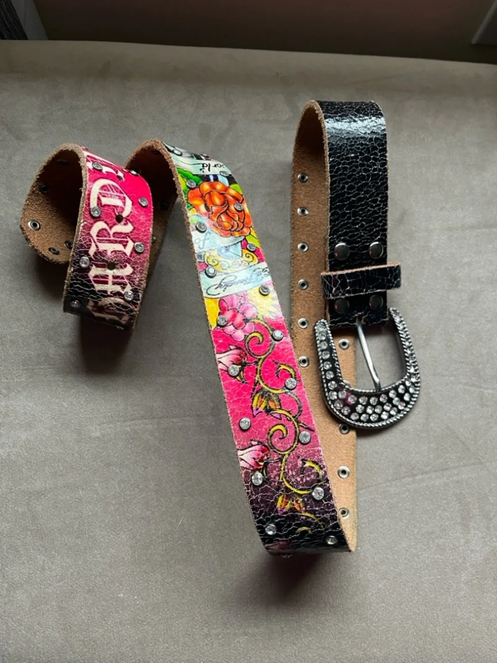 Ed Hardy Multicolored Floral Studded Leather Belt with Rhinestone Buckle Accent